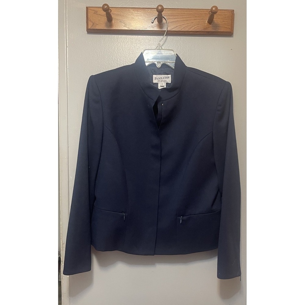 Pendleton Wool Navy Blazer Zip Front Mock Neck Jacket Womens 8 Sleek Blue